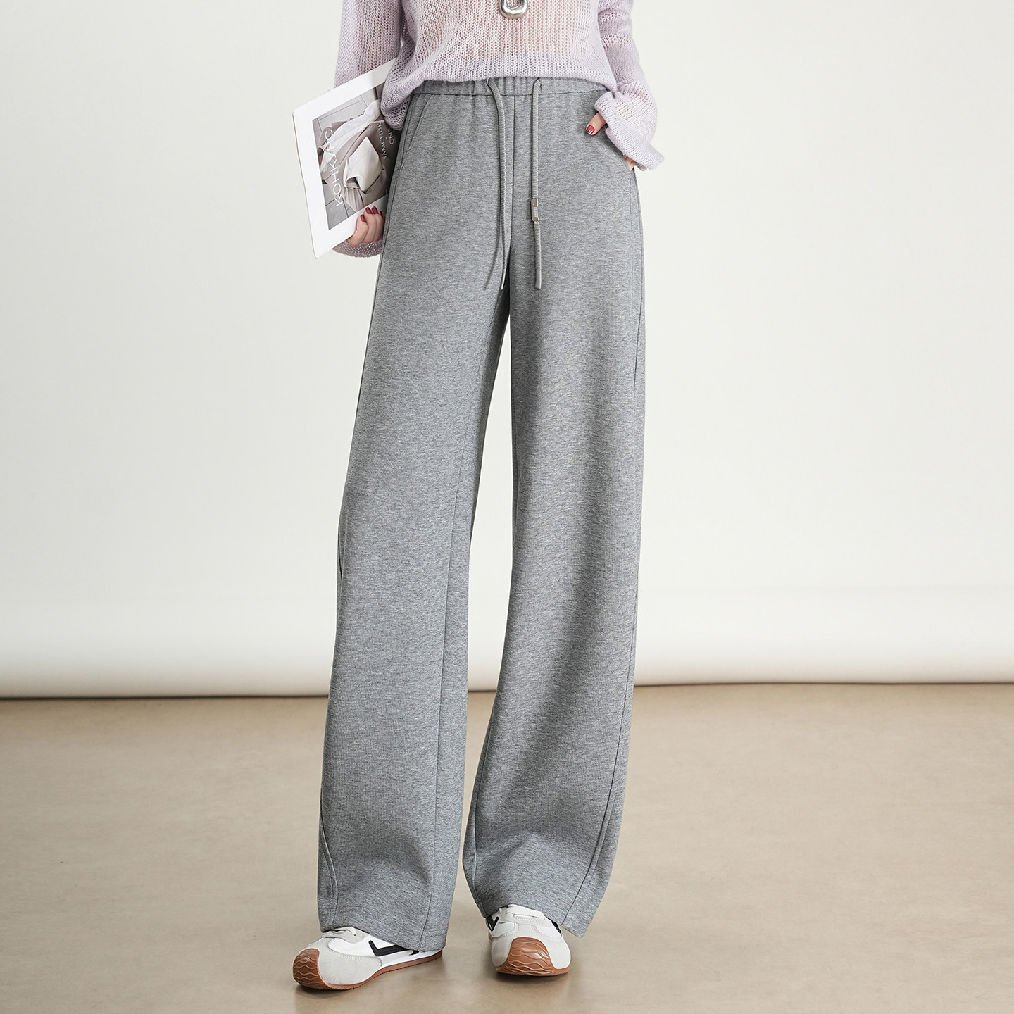 2025秋季新款灰色休闲运动裤镰刀裤高腰显瘦宽松百搭拖地裤针织裤