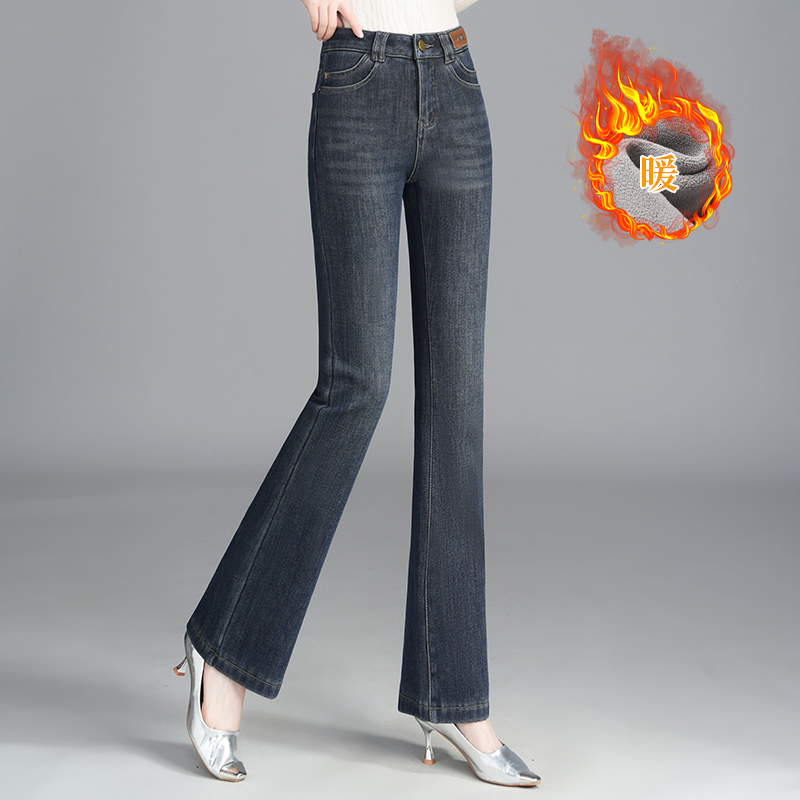 微喇叭裤牛仔裤女复古蓝色加绒加厚弹力修身遮肉显瘦紧身裤鱼尾裤