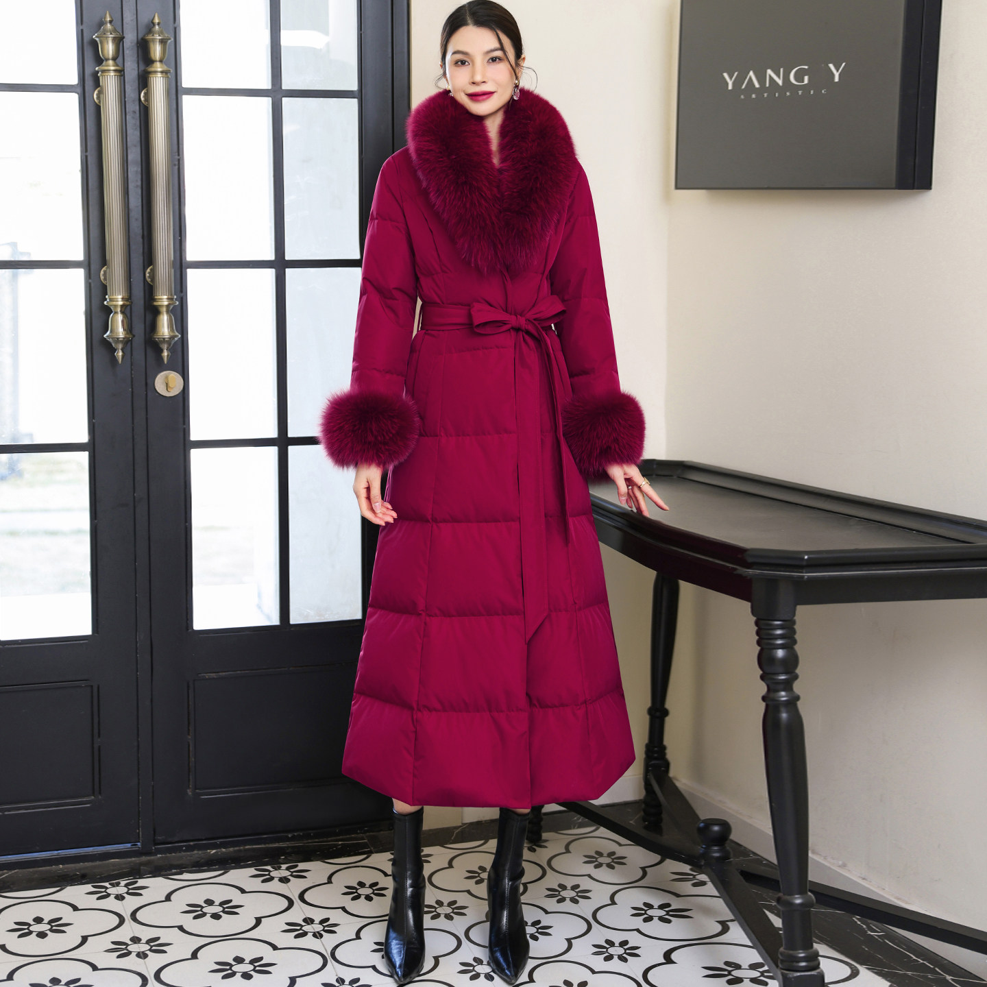冬季显瘦过膝大毛领外套长款保暖加厚修身酒红色西装领羽绒服女