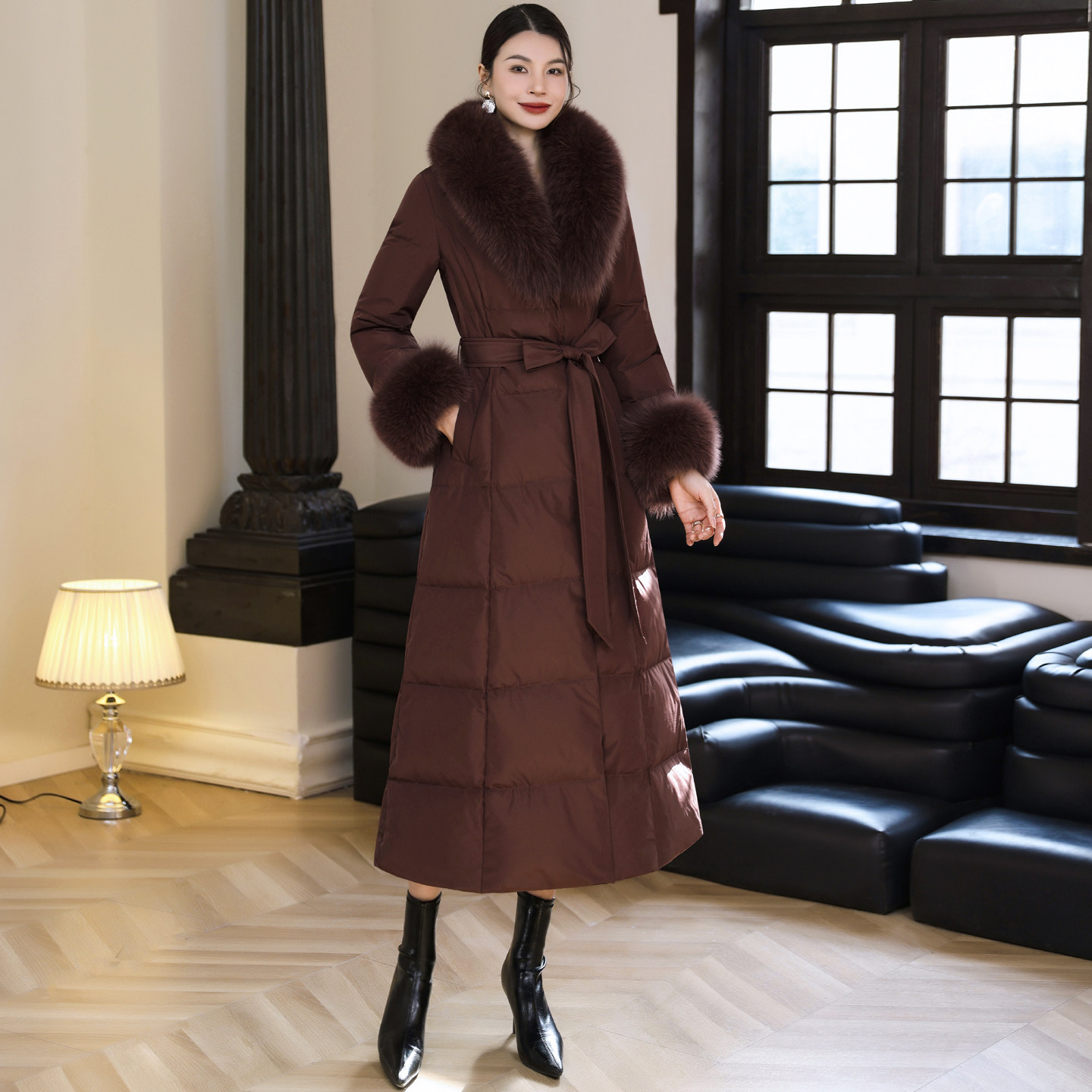 冬季新款显瘦过膝毛领外套长款保暖加厚修身咖啡色西装领羽绒服女