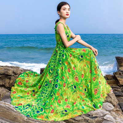 复古风大摆雪纺碎花系带抽绳长裙