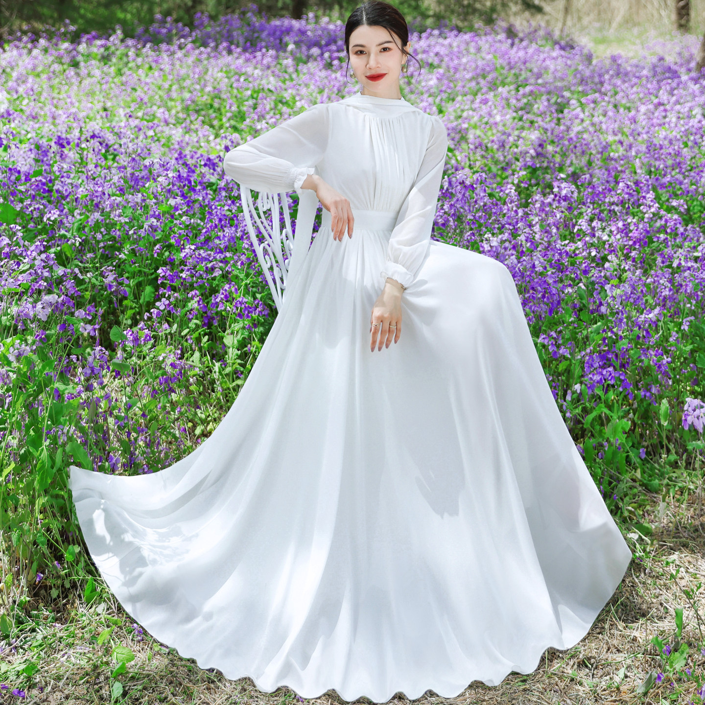 复古V领白色灯笼袖长裙子大摆雪纺海边度假飘逸飘带连衣裙女仙气