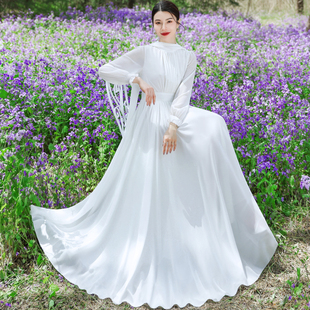 复古V领白色灯笼袖长裙子大摆雪纺海边度假飘逸飘带连衣裙女仙气