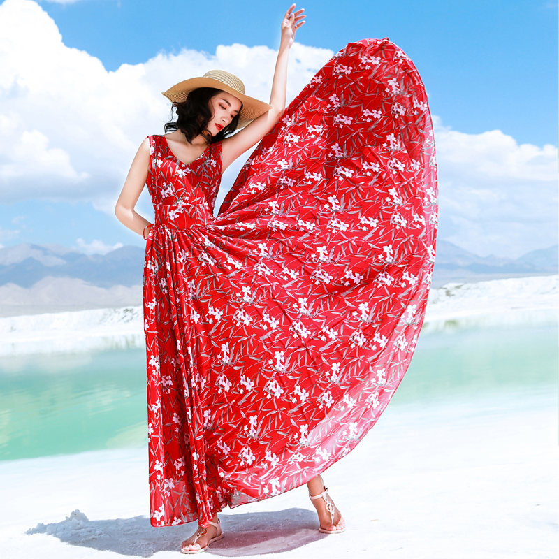 复古v领红色碎花雪纺系带连衣裙女大摆超长款中腰海边度假长裙子