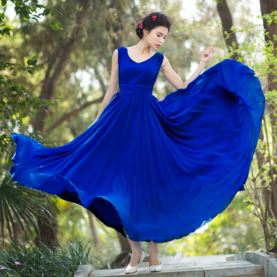 2025夏纯色大摆连衣裙长款复古气质雪纺加长裙显瘦度假沙滩长裙女