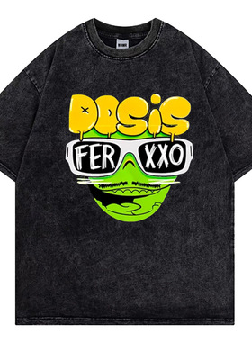 跨境热卖Feid Ferxxo印花短袖男t恤夏季纯棉水洗做旧美式复古男装
