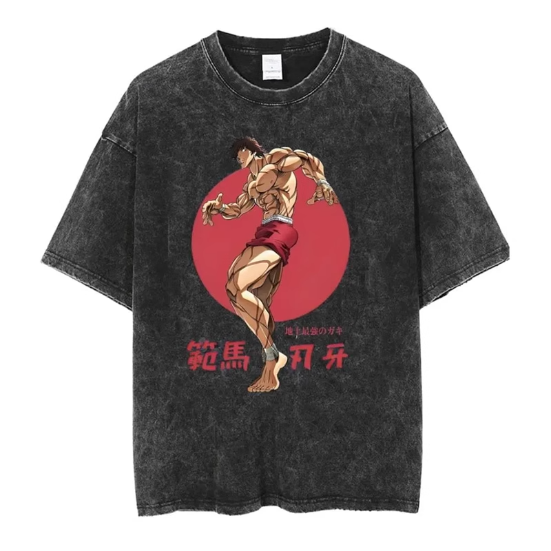 Baki Hanma刃牙男士复古水洗做旧纯棉T恤上衣oversize潮牌上衣服