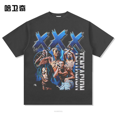XXXTentacion嘻哈说唱美式街头潮牌复古印花做旧水洗重磅宽松短袖