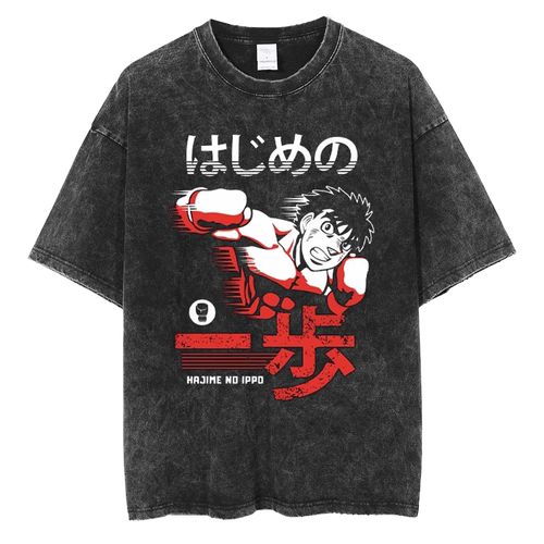 复古水洗做旧T恤男士Hajime No Ippo动漫原宿大码纯棉短袖街头潮
