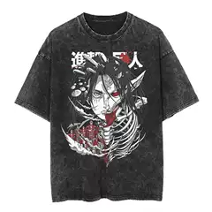 New Japanese Attack on Titan Cartoon Anime Oversize High Street Vintage Washed Distressed Short-Sleeve T-Shirt