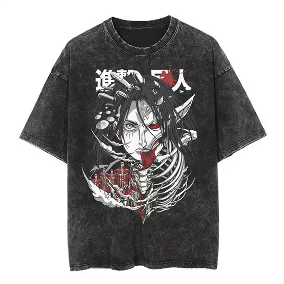New Japanese Attack on Titan Cartoon Anime Oversize High Street Vintage Washed Distressed Short-Sleeve T-Shirt