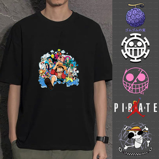 路飞航海王短袖T恤跨境ONEPIECE海贼王周边纯棉日漫百搭学生上衣