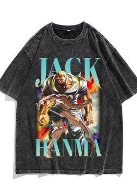 做旧水洗美式JACK HANMA动漫杰克街头潮牌圆领复古嘻哈短袖t恤男