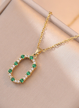 项链女网红新款祖母绿闪钻椭圆小众几何设计感饰品钛钢锁骨链