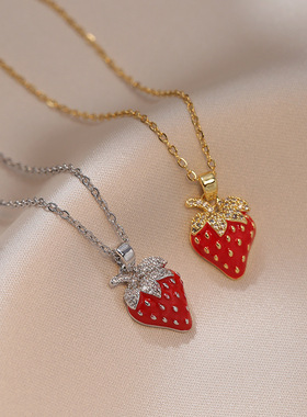 项链女网红甜美草莓锆石几何小众时尚新款设计感吊坠气质钛钢项链