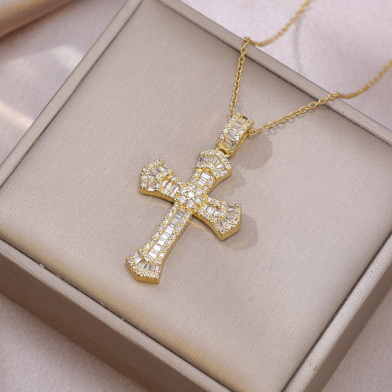 项链女跨境欧美简约个性时尚铜微镶锆石吊坠饰品十字架满钻项链