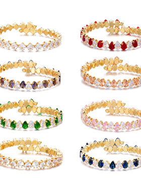 手镯女 日韩风时尚简约满钻彩色锆石椭圆开口气质个性手环饰品女