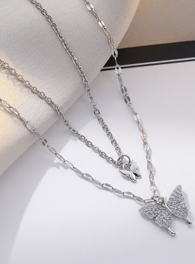 钛钢项链女 法式闪钻蝴蝶双层简约气质小众设计时尚叠戴潮锁骨链