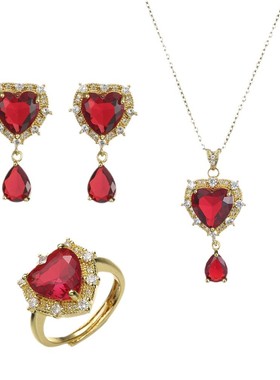 项链女 网红爱心跨境红色锆石小众设计ins 耳环戒指三件套项链