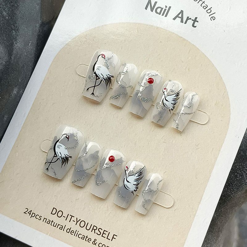 国风新中式美甲甲片 24片光疗立体手工穿戴甲 美甲闲云野鹤指甲贴