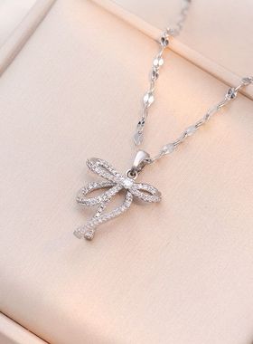 项链女 日韩风蝴蝶结锆石小众时尚新款设计感吊坠气质钛钢项链饰