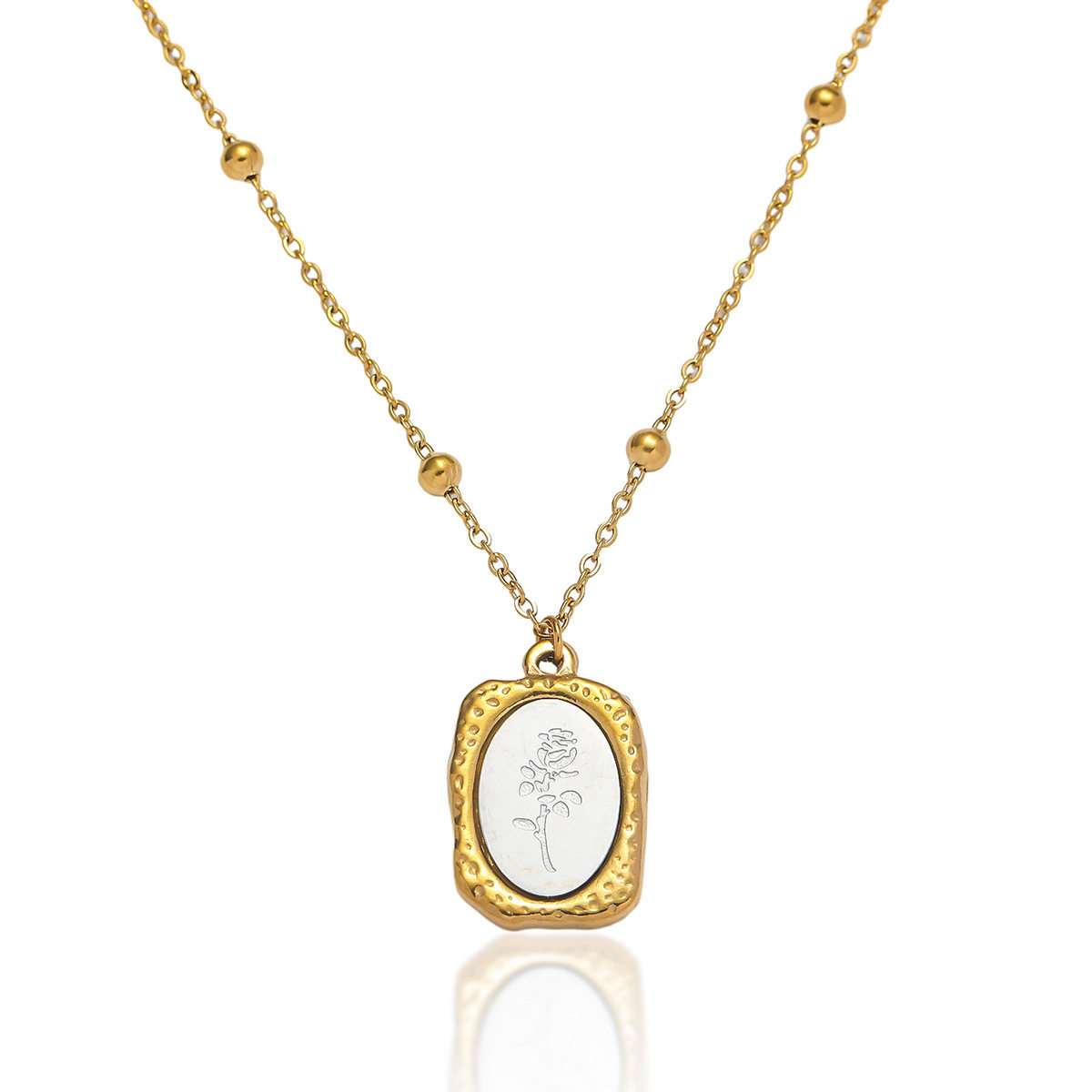 项链女欧美时尚跨境金色玫瑰花镶嵌白色不锈钢简约花朵锁骨链饰品