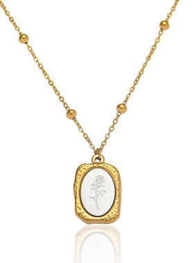 项链女欧美时尚跨境金色玫瑰花镶嵌白色不锈钢简约花朵锁骨链饰品