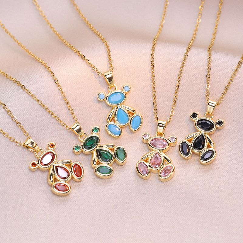 项链女网红跨境小熊锆石小众时尚新款设计感吊坠气质钛钢项链