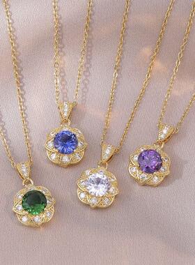 项链女欧美跨境彩色锆石钛钢项链时尚满钻花朵吊坠简约绿色锁骨链