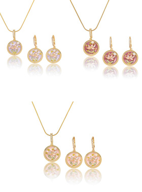 项链女新款花园花朵天然淡水珍珠滴油花朵油画风饰品耳环套装项链