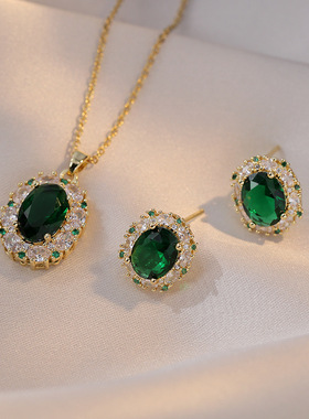 项链女网红祖母绿锆石花朵小众时尚新款设计吊坠气质套装钛钢项链