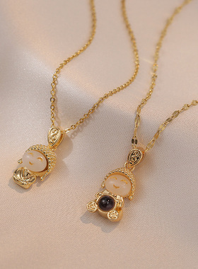 项链女 日韩投影小萌佛头新款时尚吉祥中国风气质钛钢项链锁骨链