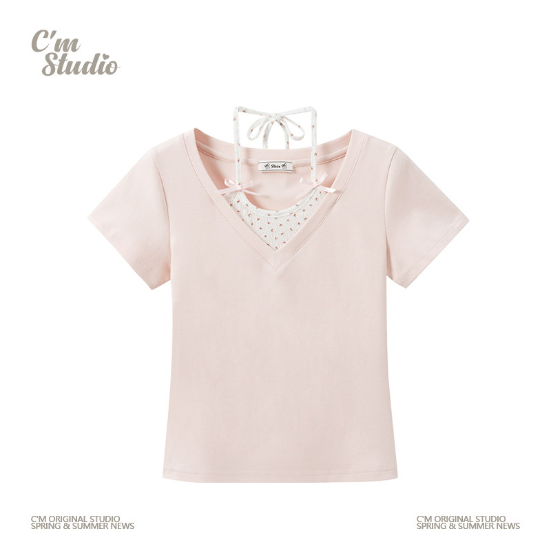 快乐兽 甜美蝴蝶结挂脖假两件正肩短袖T恤女小个子修身粉色短上衣