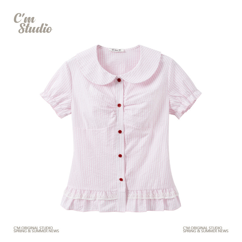 快乐兽 蕾丝花边粉色条纹娃娃领衬衫短袖女甜美小个子泡泡袖上衣