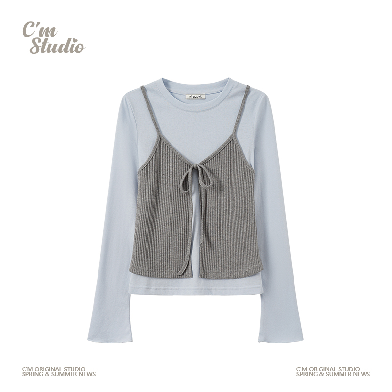 快乐兽 韩式吊带拼接假两件绑带针织长袖女气质修身显瘦早秋上衣