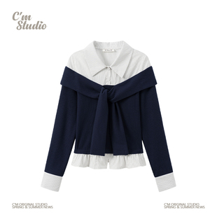 女设计感针织上衣 Polo领拼接假两件长袖 快乐兽 复古绑带条纹衬衫