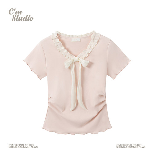 法式甜美捏褶绑带V领正肩短袖T恤