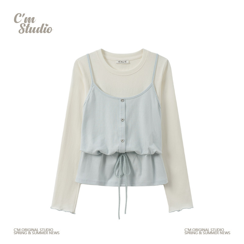 快乐兽 温柔风爱心纽扣假两件吊带拼接长袖女清爽绑带显瘦短上衣,女装/女士精品,T恤,淘宝优惠券,粉丝福利购,淘宝优惠卷