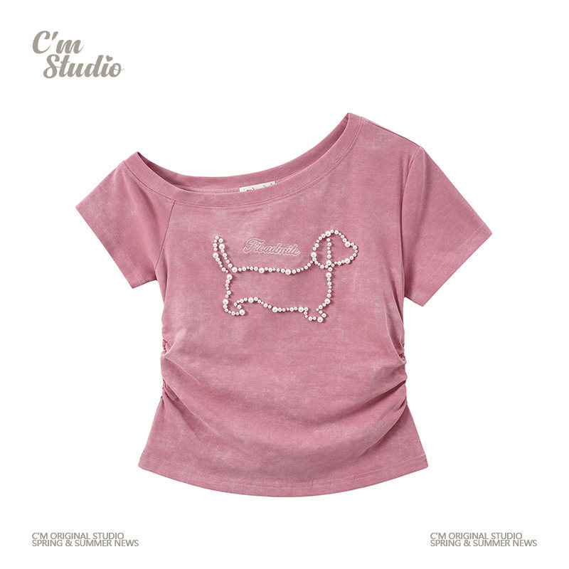 快乐兽 甜辣妹粉色扎染钉珠小狗斜肩短袖T恤女小个子收腰短款上衣