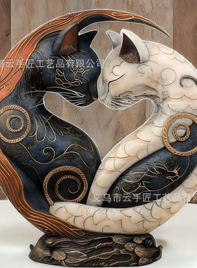 跨境新品Black and White Cat Yin Yang Art Desk Decor桌面装饰