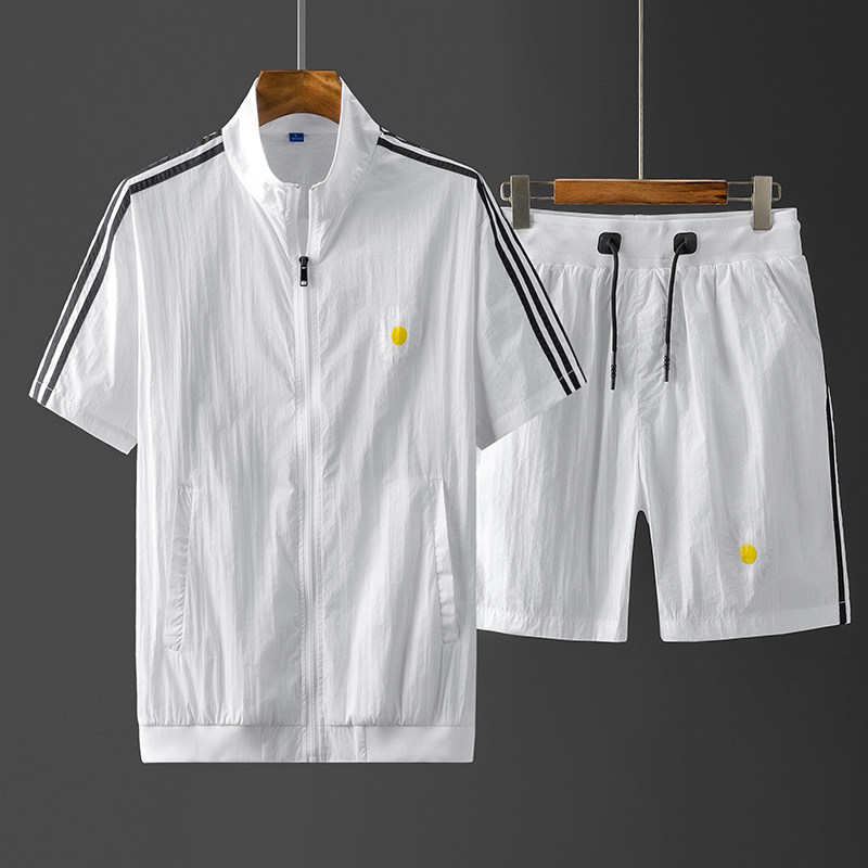 短袖套装男夏季冰丝透气立领开衫防晒服休闲散步冲锋衣夹克外套薄