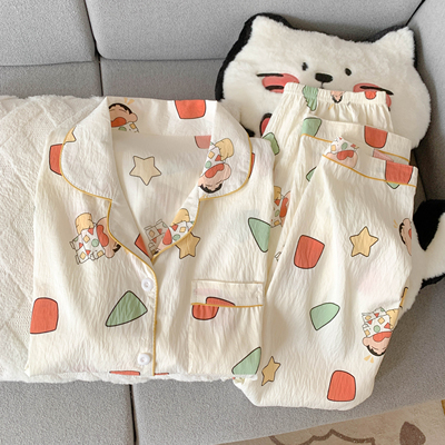 云朵棉纯棉纱睡衣女长袖长裤春秋款套装可爱蜡笔小新开衫家居服夏