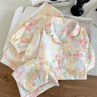 三件套装睡衣女甜美夏季薄款碎花云朵纯棉纱短袖休闲可外穿家居服