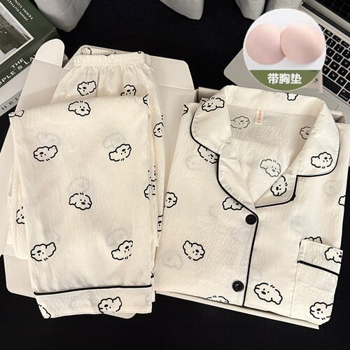 小狗带胸垫睡衣女款春秋夏季云朵纯棉纱长袖ins风日系可爱家居服