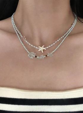 S925银奶油蓝色小米珠项链手链