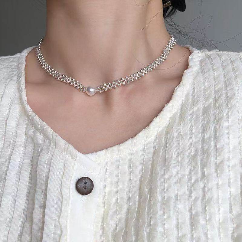 眼观S925银仿珍珠银珠编织项链百搭简约小众设计气质高级感锁骨链,饰品/流行首饰/时尚饰品新,项链,淘宝优惠券,粉丝福利购,淘宝优惠卷