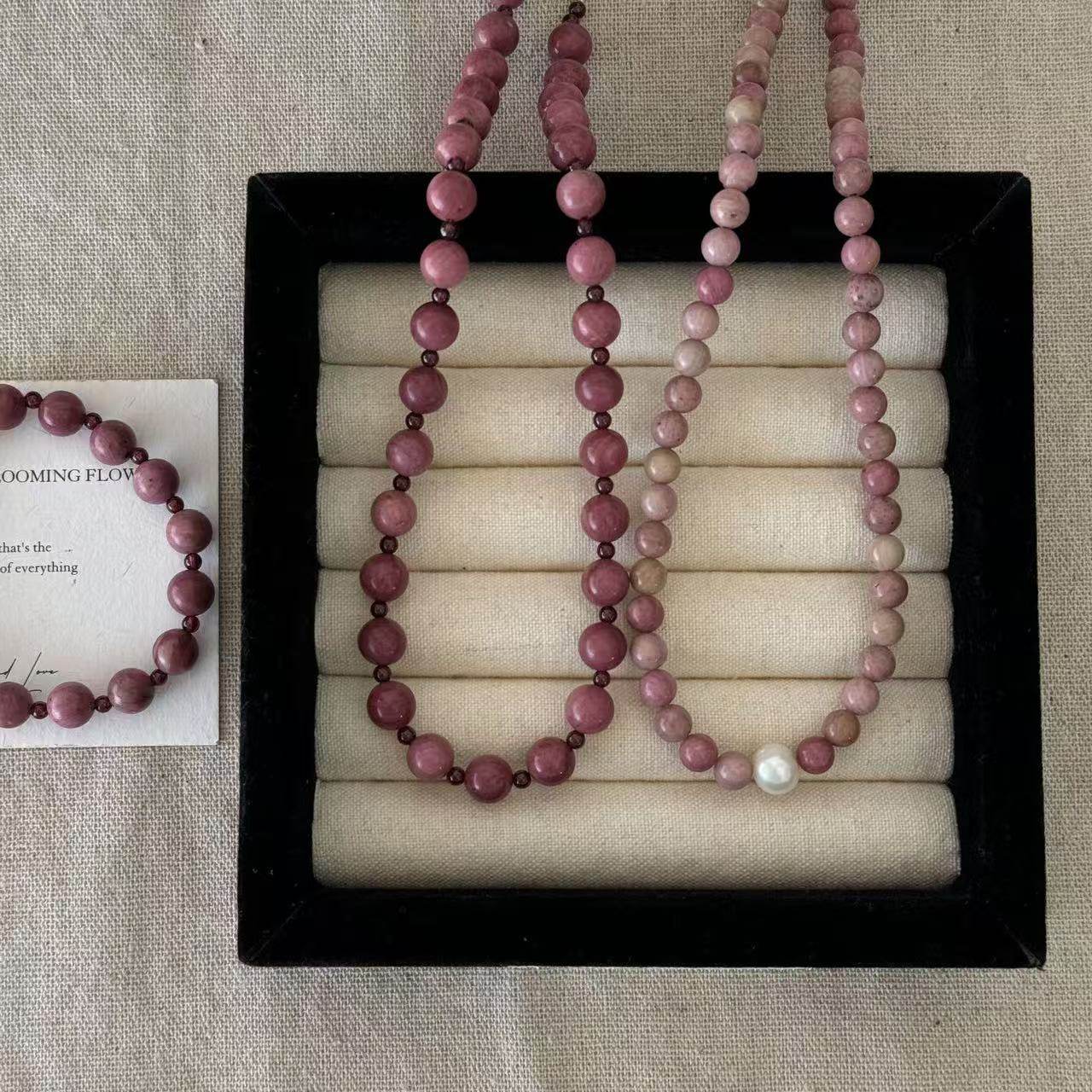 眼观S925银复古新中式淡水珍珠红纹蔷薇项链玛瑙串珠手链气质百搭