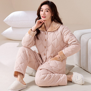 Women Pajama Ladies Homewear Female睡衣女针织夹棉睡衣女冬季