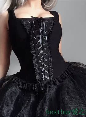 Women Tops Black Sexy欧美春夏新款绑带黑色背心方领针织花边无