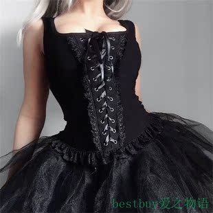 Women Black Sexy欧美春夏新款 绑带黑色背心方领针织花边无 Tops